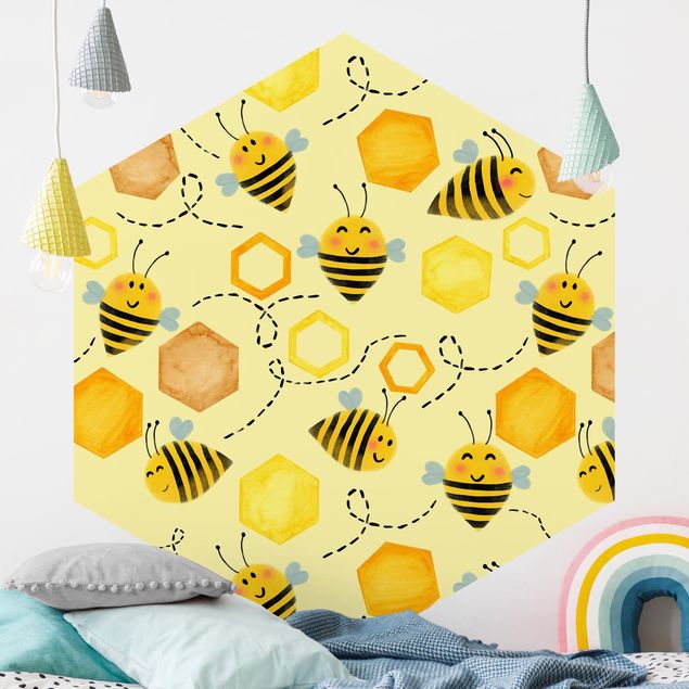 Wanddeko gelb Süßer Honig mit Bienen Illustration