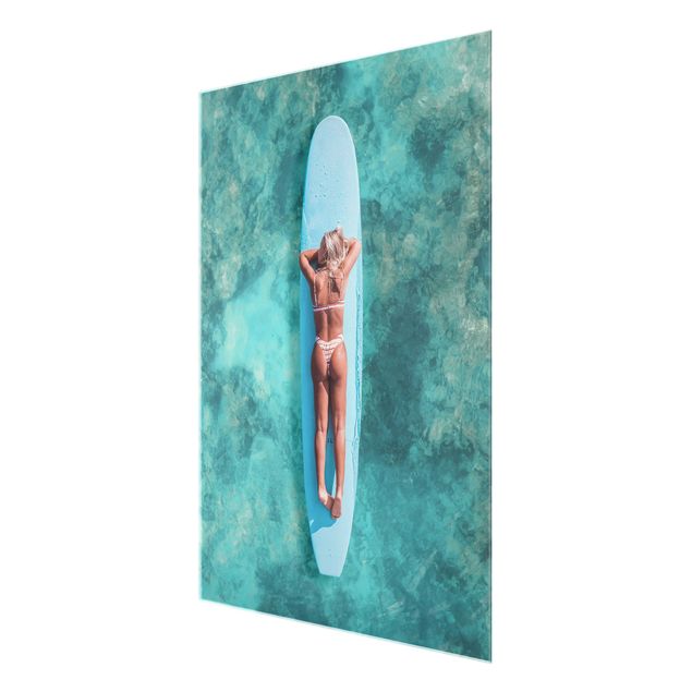 Wanddeko über Bett Surfergirl auf Blauem Board