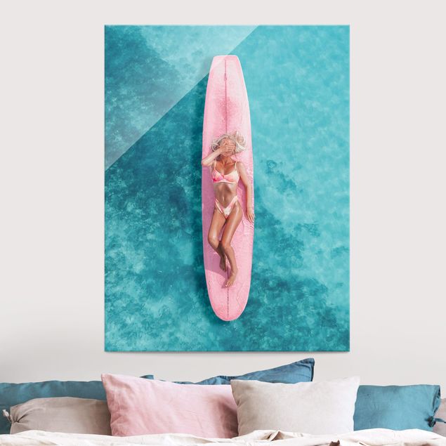 Wanddeko Schlafzimmer Surfergirl auf Rosa Board