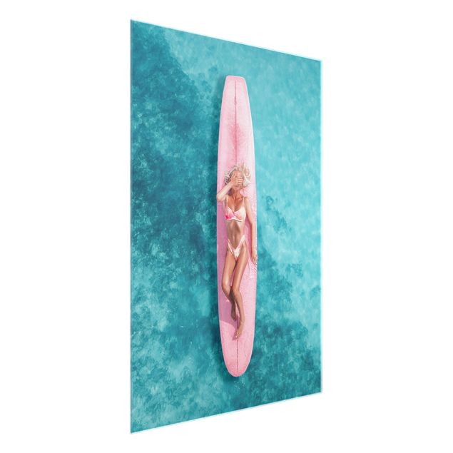 Wanddeko Treppenhaus Surfergirl auf Rosa Board