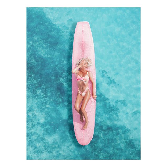 Wanddeko über Sofa Surfergirl auf Rosa Board