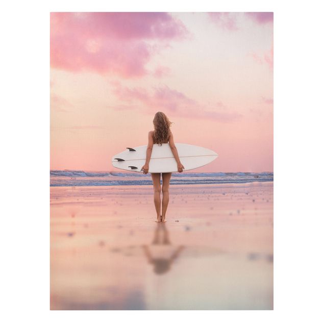 Wanddeko rosa Surfergirl mit Board im Abendrot