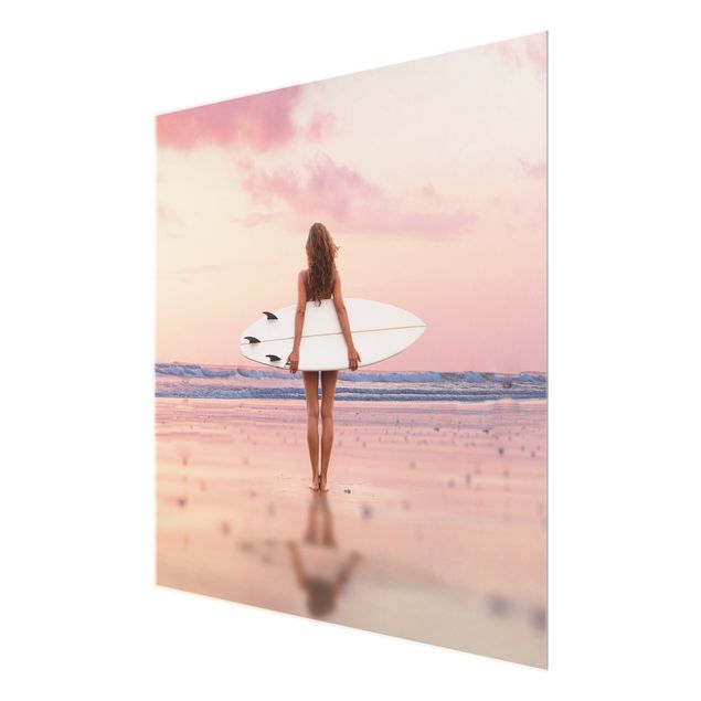 Wanddeko über Sofa Surfergirl mit Board im Abendrot