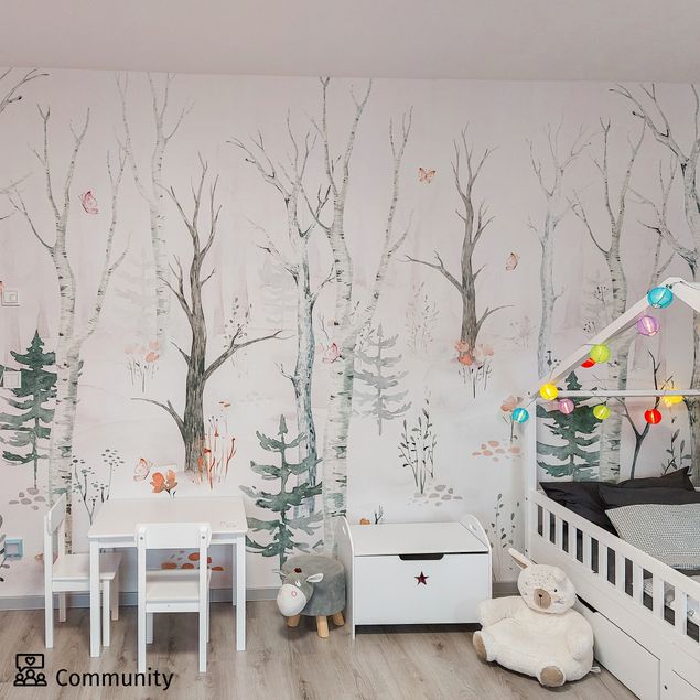 Wanddeko Babyzimmer Birkenwald mit Mohnblumen