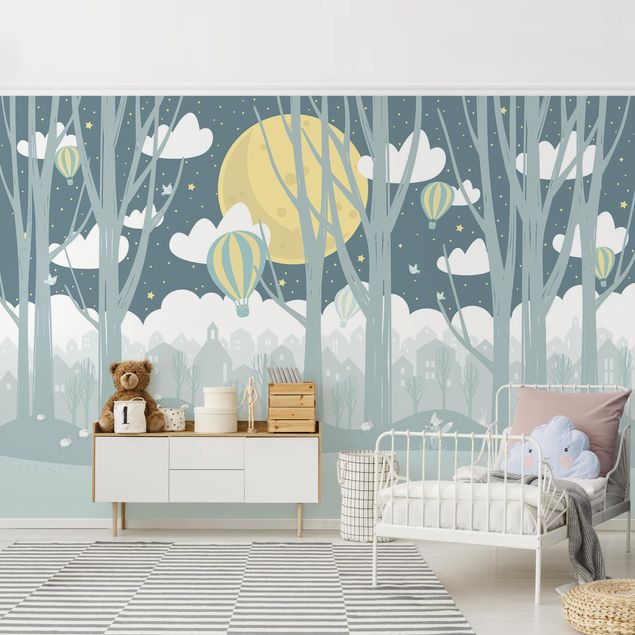 Wanddeko Babyzimmer Mond mit Bäumen und Häusern