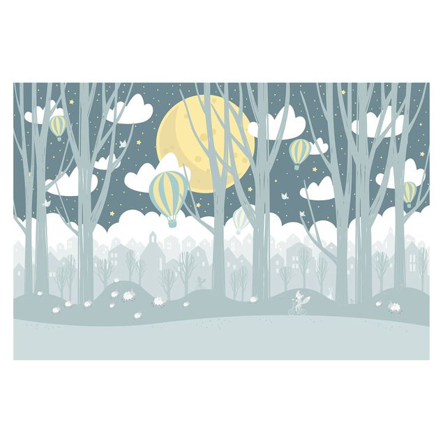 Wanddeko Jungenzimmer Mond mit Bäumen und Häusern