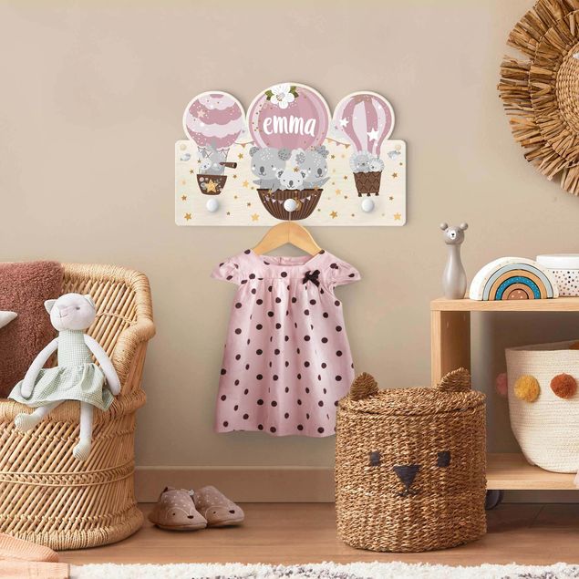 Wanddeko Babyzimmer Tiere in Ballons mit Wunschname rosa