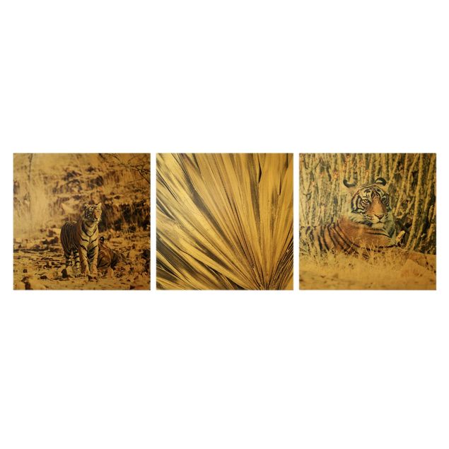 Wanddeko Büro Tiger und goldene Palmenblätter