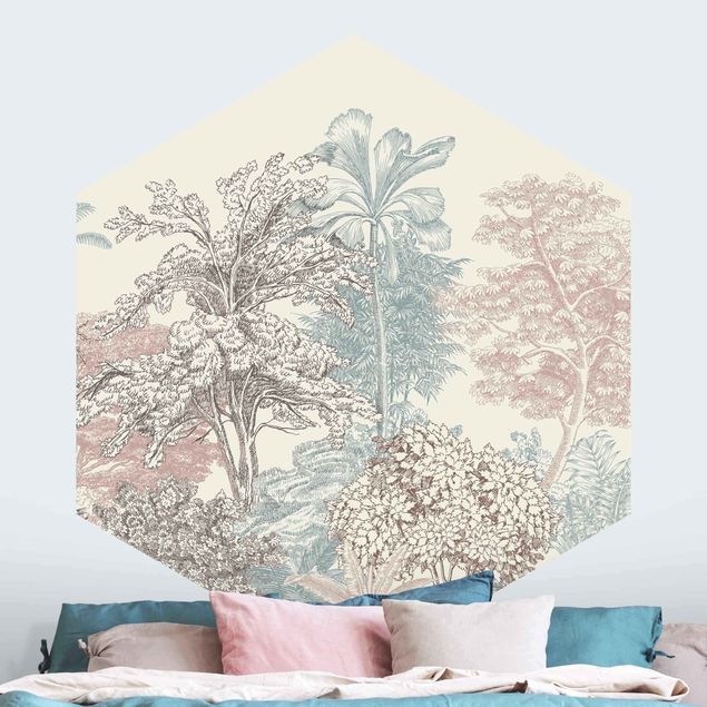 Wanddeko Schlafzimmer Tropenwald mit Palmen in Pastell