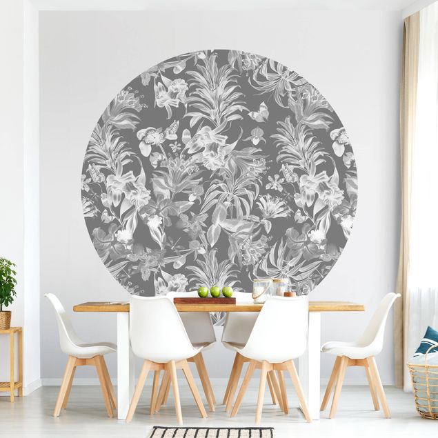 Wanddeko Wohnzimmer Tropische Blumen vor Grau
