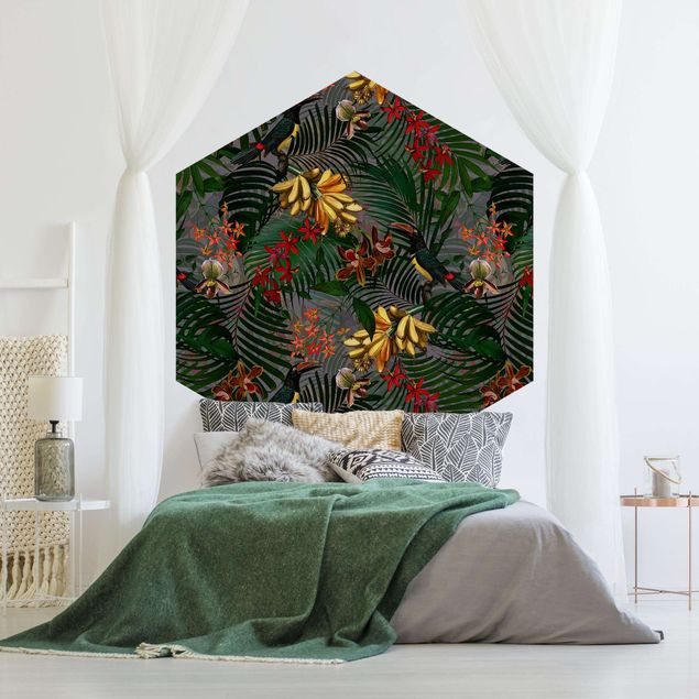Wanddeko Flur Tropische Farne mit Tucan Grün