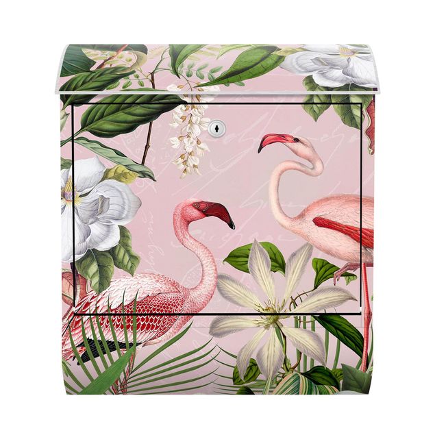 Wanddeko rosa Tropische Flamingos mit Pflanzen in Rosa