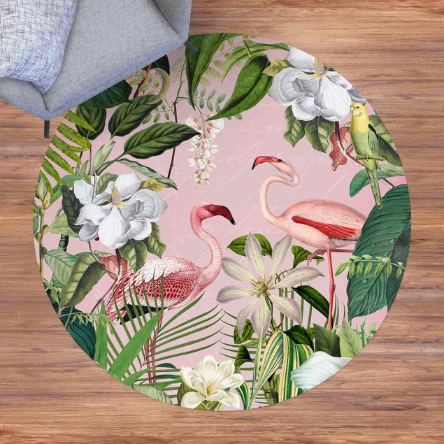 Wanddeko Büro Tropische Flamingos mit Pflanzen in Rosa