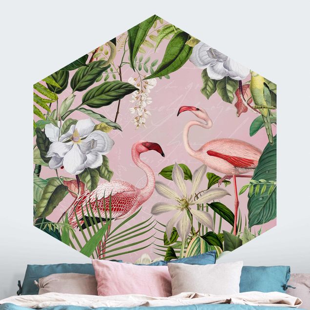 Wanddeko Schlafzimmer Tropische Flamingos mit Pflanzen in Rosa