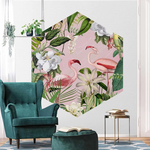 Wanddeko Flur Tropische Flamingos mit Pflanzen in Rosa