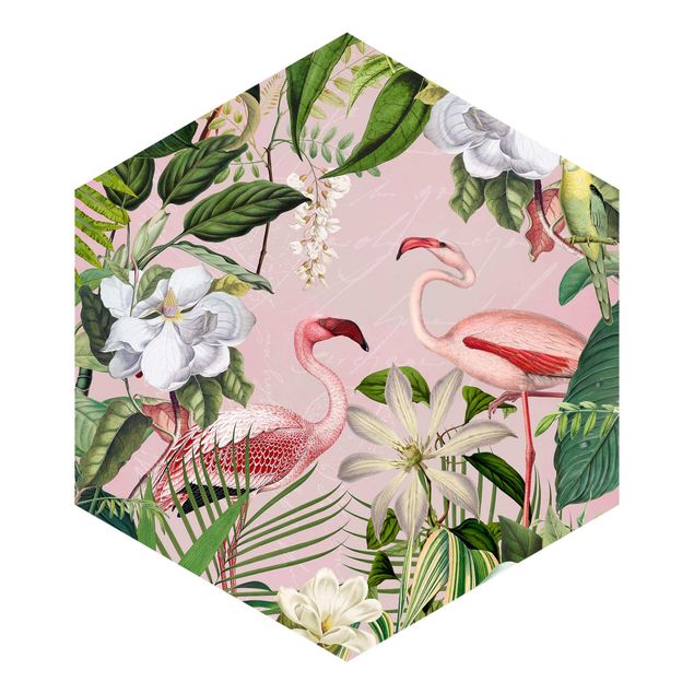 Tapete Vögel Tropische Flamingos mit Pflanzen in Rosa