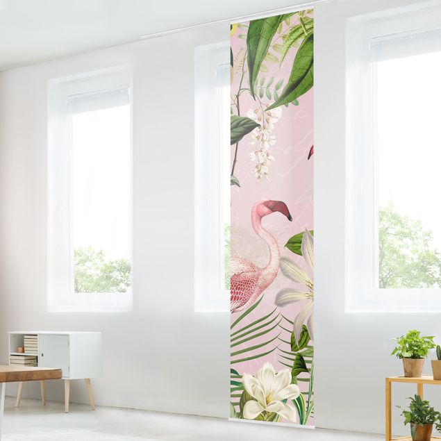 Wanddeko Wohnzimmer Tropische Flamingos mit Pflanzen in Rosa