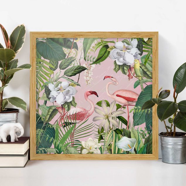 Wanddeko Wohnzimmer Tropische Flamingos mit Pflanzen in Rosa