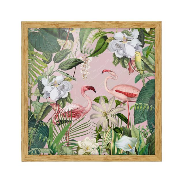 Wanddeko Esszimmer Tropische Flamingos mit Pflanzen in Rosa