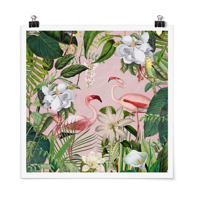 Wanddeko Büro Tropische Flamingos mit Pflanzen in Rosa