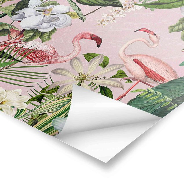 Wanddeko Treppenhaus Tropische Flamingos mit Pflanzen in Rosa