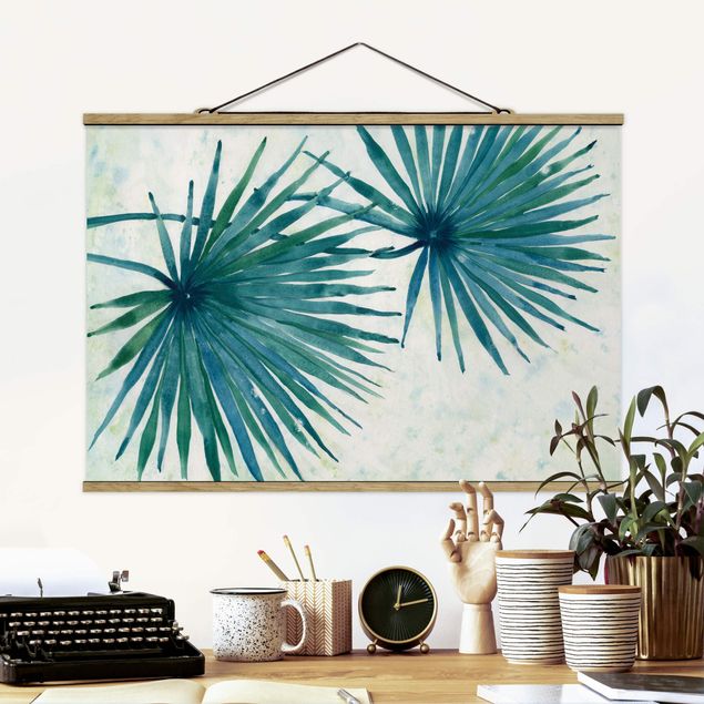 Wanddeko blau Tropische Palmenblätter Close-Up