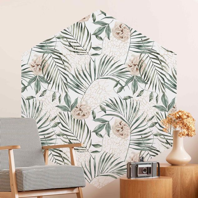 Wanddeko Schlafzimmer Tropische Palmenbögen mit Rosen Aquarell