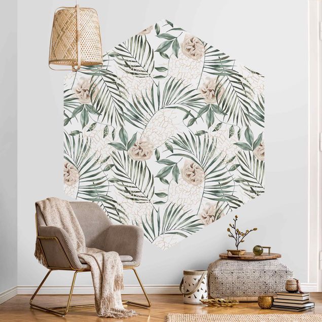Wanddeko Flur Tropische Palmenbögen mit Rosen Aquarell