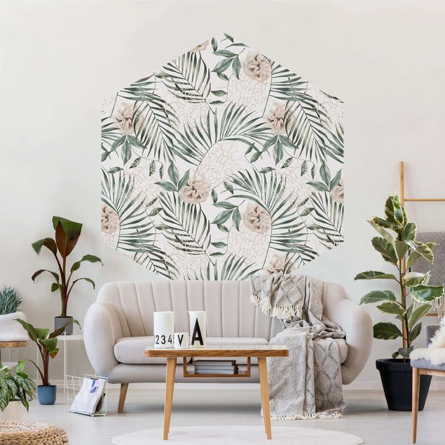 Wanddeko Esszimmer Tropische Palmenbögen mit Rosen Aquarell