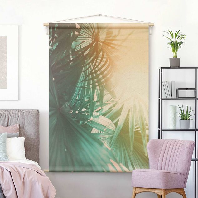 Wanddeko Wohnzimmer Tropische Pflanzen Palmen bei Sonnenuntergang