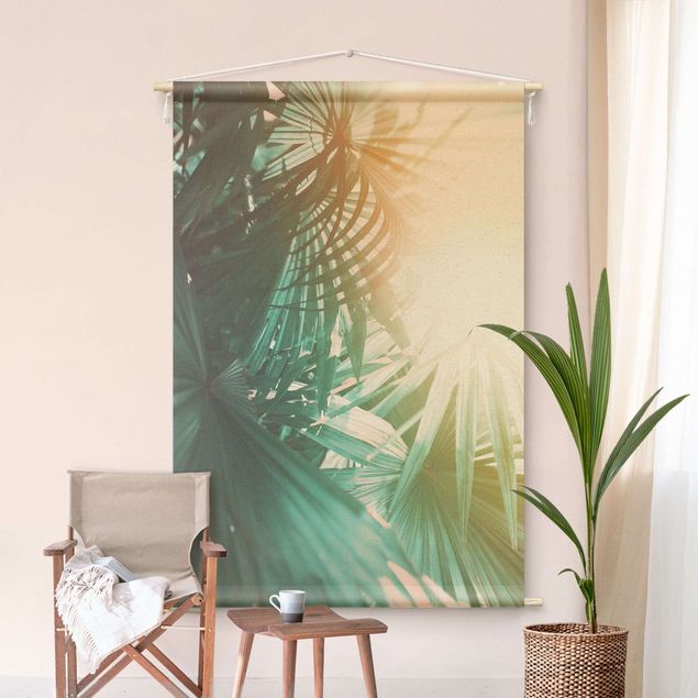 Wanddeko Schlafzimmer Tropische Pflanzen Palmen bei Sonnenuntergang