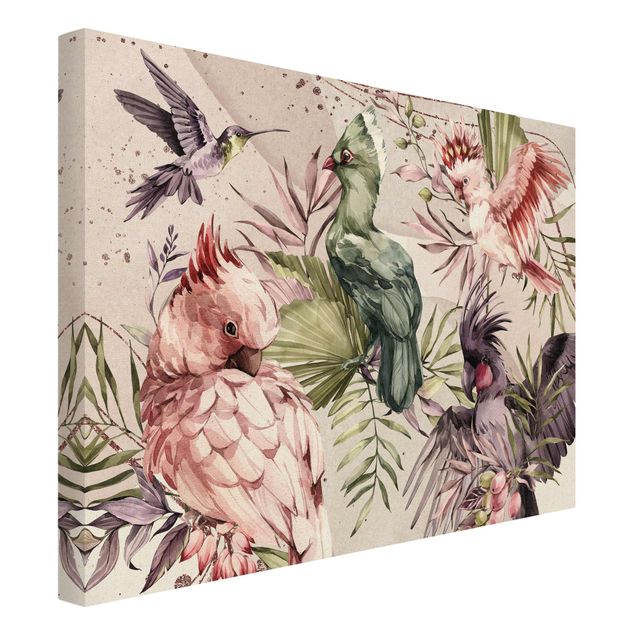 Wanddeko über Sofa Tropische Vögel - Bunte Kakadus und Kolibri