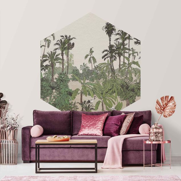 Wanddeko Esszimmer Tropische Zeichnung - Dschungel mit Aquarell