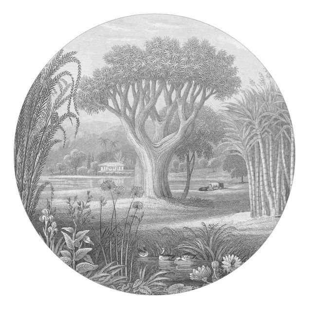 Wanddeko Büro Tropischer Kupferstich Garten mit Teich in Grau
