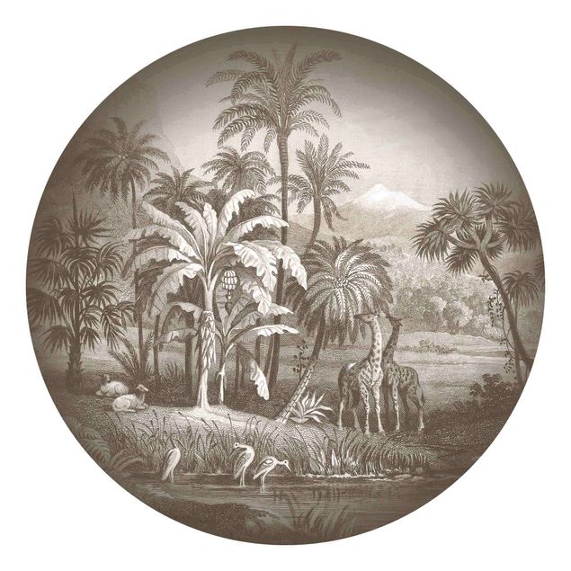 Wanddeko Esszimmer Tropischer Kupferstich mit Giraffen in Braun