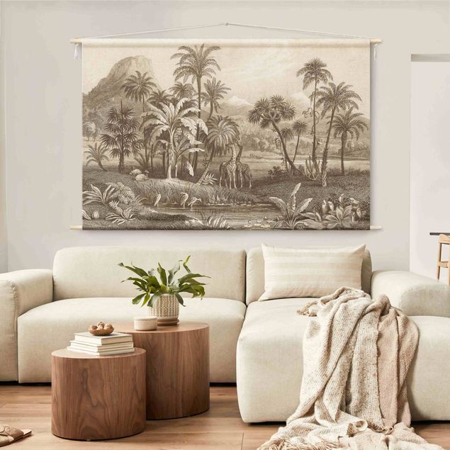 Wanddeko Wohnzimmer Tropischer Kupferstich mit Giraffen in Braun
