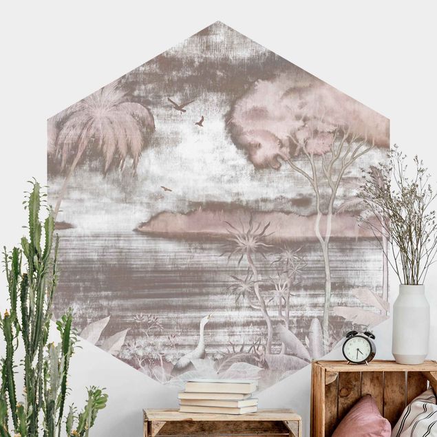 Wanddeko Schlafzimmer Tropischer See in Rosa