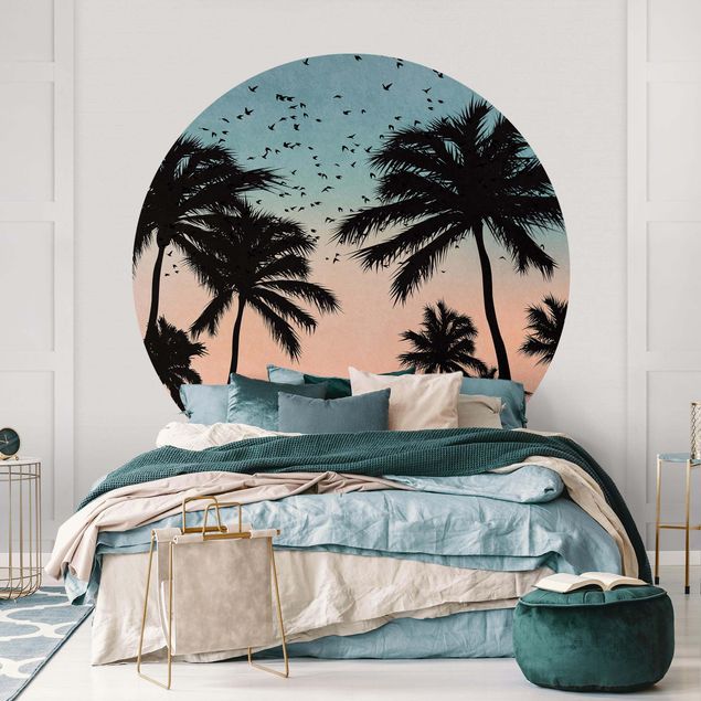 Wanddeko Wohnzimmer Tropischer Sonnenaufgang in Blau Rosa