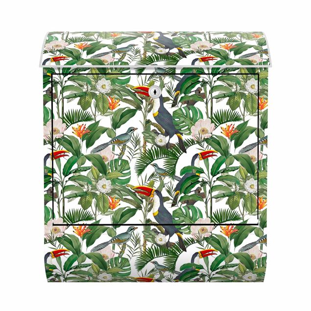 Deko Muster Tropischer Tukan mit Monstera und Palmenblättern