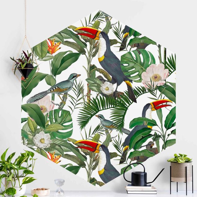 Wanddeko Schlafzimmer Tropischer Tukan mit Monstera und Palmenblättern