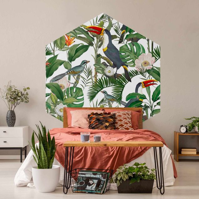 Wanddeko grün Tropischer Tukan mit Monstera und Palmenblättern