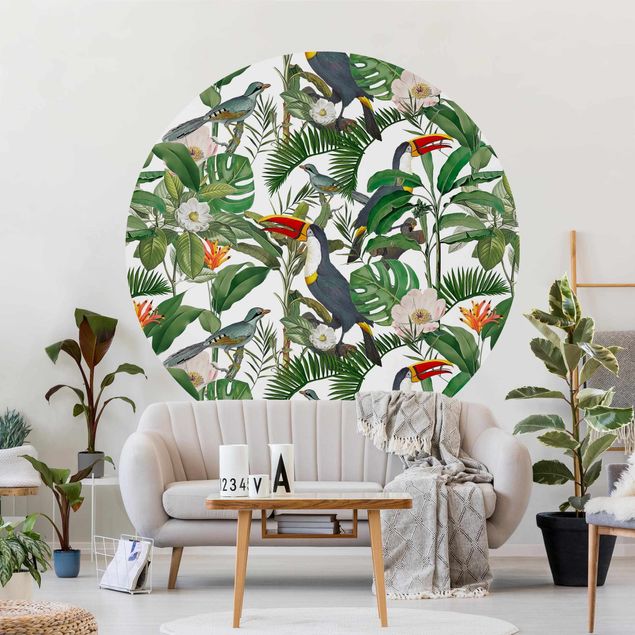 Wanddeko bunt Tropischer Tukan mit Monstera und Palmenblättern