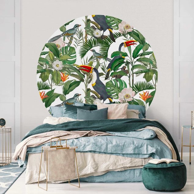 Wanddeko Wohnzimmer Tropischer Tukan mit Monstera und Palmenblättern