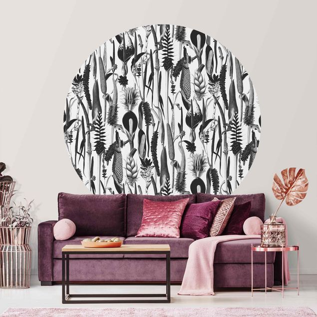 Wanddeko Wohnzimmer Tropisches Luxus Muster Schwarz-Weiß