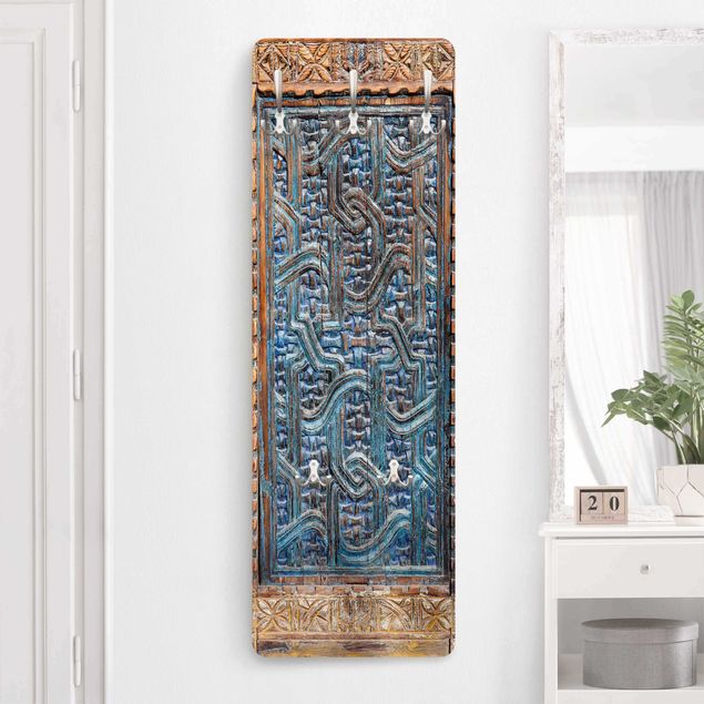 Wanddeko blau Tür mit marokkanischer Schnitzkunst