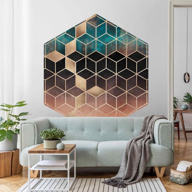 Wanddeko Schlafzimmer Türkis Rosé goldene Geometrie