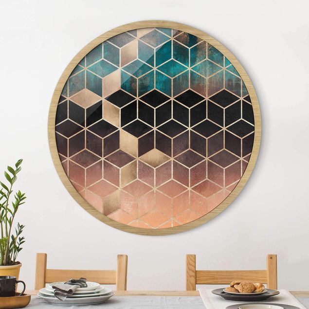 Wanddeko Wohnzimmer Türkis Rosé goldene Geometrie