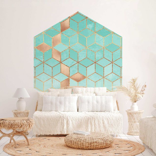 Wanddeko Schlafzimmer Türkis Weiß goldene Geometrie