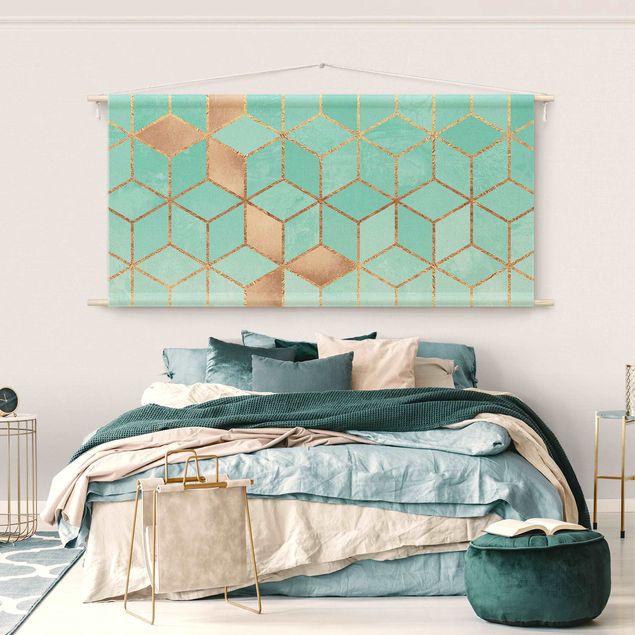 Wanddeko Schlafzimmer Türkis Weiß goldene Geometrie