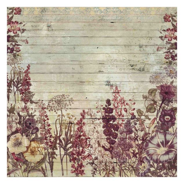 Wanddeko Flur Vintage Blumen Holzoptik